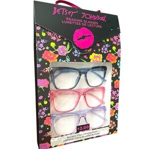 Betsey Johnson +2.00 Reading Glasses Readers 3 Pack Set Square Blue Pink Purple